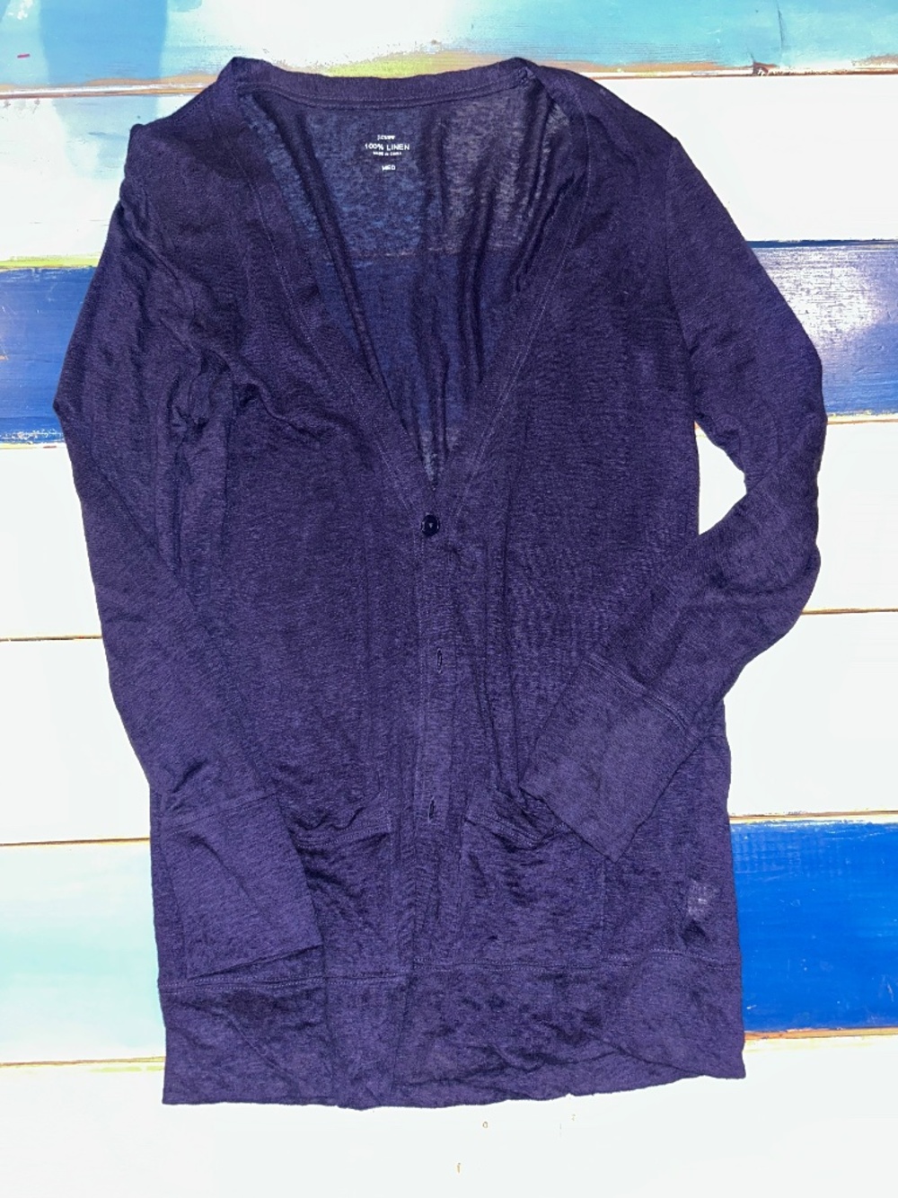 J.Crew 100% Linen Longline Cardigan Women’s Medium Navy Blue